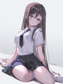 1girl black_necktie black_skirt blush breasts brown_hair collared_shirt commentary_request dated highres ika_(4801055) long_hair looking_at_viewer medium_breasts necktie original parted_lips pleated_skirt purple_eyes shirt short_sleeves signature sitting skirt solo very_long_hair white_background white_shirt