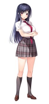 1girl akebi_saki amaemi-longing_for_you- arms_under_breasts black_socks blue_hair blush breasts brown_shoes collared_shirt crossed_arms full_body grey_skirt hair_ornament hairclip kneehighs large_breasts large_variant_set loafers long_hair looking_at_viewer necktie official_art open_mouth oryo_(oryo04) plaid_clothes plaid_skirt pleated_skirt red_eyes red_necktie school_uniform shirt shoes short_sleeves sidelocks simple_background skirt socks solo standing tachi-e variant_set white_background white_shirt wing_collar
