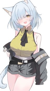 1girl absurdres animal_ear_fluff animal_ears arknights ascot bare_arms belt black_ascot black_belt black_shorts blush breasts cat_ears coat commentary_request delphine_(arknights) grey_hair grey_tail hair_over_one_eye highres large_breasts long_bangs nui_(nuinui0300) shirt short_shorts shorts skindentation solo standing tail white_background yellow_eyes yellow_shirt
