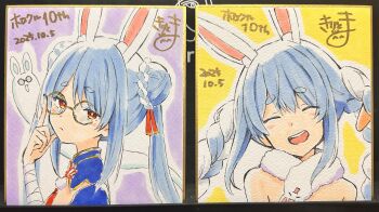 1girl :d ^_^ absurdres adjusting_eyewear animal_ear_fluff animal_ears bandaged_arm bandages bare_shoulders blue_dress blue_hair blush braid carrot_hair_ornament closed_eyes dated don-chan_(usada_pekora) double_bun dress food-themed_hair_ornament glasses hair_between_eyes hair_bun hair_ornament hand_up head_tilt highres hololive kiritoma looking_to_the_side multicolored_hair multiple_views open_mouth photo_(medium) rabbit_ears round_eyewear shikishi short_eyebrows signature smile teeth thick_eyebrows traditional_media twin_braids twintails two-tone_hair upper_teeth_only usada_pekora virtual_youtuber white_hair yellow-framed_eyewear