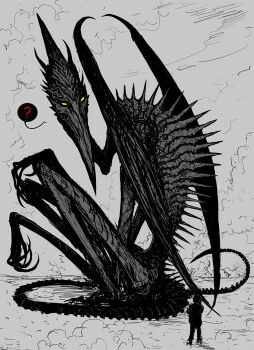 1boy 1girl ? alien claws colored_sclera commentary dragon dragon_tail dragon_wings english_commentary grey_background highres metroid nintendo ridley samus_aran sitting size_difference spaghetti-bastard tail wings yellow_sclera