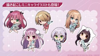 6+girls :d ;d absurdres aikawa_megumi alternate_costume animal animal_hood animal_on_head aqua_eyes asakura_karen_(heaven_burns_red) black_hair black_ribbon blonde_hair blue_dress blunt_ends braid bun_cover cardigan cat cat_hood cat_on_head chibi chibi_only clenched_hand closed_mouth commentary copyright_notice dolphin_shorts double_bun dress drop_shadow eyelashes eyes_visible_through_hair frilled_dress frills full_body green_eyes grey_hair grey_pajamas grey_pants grey_shorts hair_between_eyes hair_bun hair_over_one_eye half_up_braid heaven_burns_red highres holding holding_stuffed_toy hood hood_up hoodie izumi_yuki kayamori_ruka kunimi_tama long_bangs long_hair long_sleeves looking_at_object looking_at_viewer low_twintails multiple_girls o_o official_art on_head one_eye_closed one_eye_covered open_mouth outstretched_arm pajamas pants parted_lips pink_background pink_cardigan pink_eyes plaid_clothes plaid_shirt red_eyes red_shirt red_shorts ribbon shirt short_hair shorts sidelocks simple_background smile smug sparkle standing standing_on_one_leg stuffed_animal stuffed_toy team_31a_(heaven_burns_red) toujou_tsukasa twintails two_side_up v v-shaped_eyebrows very_long_hair white_dress white_hoodie yellow_eyes