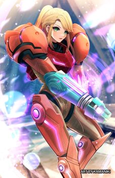 1girl arm_cannon armor blonde_hair blue_eyes cowboy_shot eyelashes high_ponytail highres kamaniki metroid nintendo orange_armor ponytail power_suit_(metroid) samus_aran solo weapon