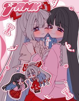 2girls blush bow brown_hair cheek-to-cheek chibi closed_mouth collared_shirt commentary fujiwara_no_mokou grey_hair grey_shirt hair_bow hands_in_pockets heads_together highres houraisan_kaguya hug long_hair long_sleeves looking_at_viewer multiple_girls multiple_hair_bows ofuda one_eye_closed pants pink_shirt red_eyes red_pants red_skirt shirt skirt smile suspenders tamiko_(tamik0224) torn_clothes torn_sleeves touhou very_long_hair wide_sleeves yuri