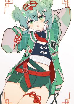 1girl :o blush chestnut_mouth commentary_request dot_nose green_hair hao_(vocaloid) hatsune_miku highres jacket looking_at_viewer mayoi_reu midriff open_clothes open_jacket open_mouth solo thigh_strap thighs