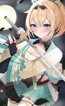 1girl aqua_bow black_gloves black_hairband black_shrug black_skirt blonde_hair blue_eyes blue_skirt bow breasts chest_sarashi cloud covered_navel cowboy_shot crossed_bangs egasumi falling_leaves fingerless_gloves full_moon gloves hair_bow hair_intakes hair_ornament hairband hakama hakama_short_skirt hakama_skirt haori highres holding holding_sword holding_weapon hololive japanese_clothes katana kazama_iroha leaf leaf_hair_ornament long_sleeves looking_at_viewer medium_breasts miniskirt moon multicolored_bow multicolored_skirt night parted_lips pleated_skirt ponytail sarashi see-through_clothes shinonome_shino_(artist) short_hair shrug_(clothing) skirt sky solo star_(sky) sword thigh_strap thighhighs virtual_youtuber weapon white_skirt white_thighhighs wide_sleeves yellow_bow yellow_haori