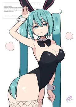 1girl alternate_costume animal_ears aqua_eyes aqua_hair arm_up black_bow black_bowtie black_leotard blush bow bowtie breasts clenched_hand closed_mouth commentary_request english_text fake_animal_ears fishnet_thighhighs fishnets hatsune_miku highres kooei large_breasts leotard long_hair looking_at_viewer odaibako playboy_bunny rabbit_ears request_inset shiny_skin simple_background solo strapless strapless_leotard sweatdrop thighhighs twintails vocaloid white_background white_wrist_cuffs wrist_cuffs