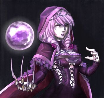 Rule 34 | 1girl, breasts, detached sleeves, drill hair, female focus, gothic lolita, hood, lipstick, lolita fashion, makeup, namco, purple lips, solo, soul calibur, soulcalibur, soulcalibur v, twin drills, viola (soulcalibur), white hair