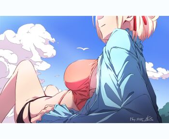 1girl bare_shoulders bikini blonde_hair blue_shirt blue_sky blush breasts closed_mouth cloud cloudy_sky day eyes_out_of_frame hair_ribbon hashtag-only_commentary head_out_of_frame highres large_breasts lycoris_recoil lying multicolored_bikini nii_manabu nishikigi_chisato on_back outdoors red_ribbon ribbon shirt short_hair sky smile solo swimsuit two-tone_bikini