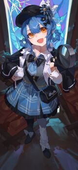 1girl bag bird_hat_ornament black_bow black_bowtie black_capelet blue_hair blue_necktie bow bowtie braid braided_hair_rings capelet deerstalker detective full_body hair_rings hand_on_own_hip hat highres holding holding_magnifying_glass magical_girl magnifying_glass mahou_shoujo_no_majo_saiban necktie orange_eyes sentter shoulder_bag stained_glass tachibana_sherry