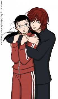 Rule 34 | 00s, brown eyes, brown hair, derivative work, gokusen, hug, long hair, red hair, sawada shin, school uniform, track suit, vector trace, yamaguchi kumiko