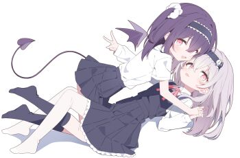 2girls :p black_dress black_hairband black_skirt black_socks closed_mouth collared_shirt commentary commission demon_girl demon_tail double-parted_bangs dress frilled_dress frills full_body grey_hair hair_between_eyes hairband highres holding_hands kneehighs long_hair lying multiple_girls on_back one_side_up open_mouth original pantyhose pinafore_dress pink_eyes pleated_dress pleated_skirt purple_hair shirt short_sleeves simple_background skeb_commission skirt sleeveless sleeveless_dress socks tail tongue tongue_out urotsuki_(ku9625) white_background white_pantyhose white_shirt yuri
