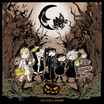 2girls 6+boys akuma_(d.gray-man) allen_(dog)_(d.gray-man) allen_walker anklet apocryphos arm_behind_head arms_behind_head badge bare_tree bat_(animal) behind_tree black_headband black_moon black_order_uniform blonde_hair boots braid branch brown_theme bug butterfly cake carnivorous_plant cat chibi chomesuke cloak coat collared_coat collared_shirt creature creature_on_head crescent_moon cross cross_marian crossed_legs curly_hair d.gray-man dog english_text eshi_(d.gray-man) evil_grin evil_smile eyepatch facial_mark feathered_wings finger_frame floating_hair food forehead_mark forest formal_clothes frown glasses golem_(d.gray-man) green_theme grin hair_between_eyes halloween hat headband helmet high_ponytail holding holding_another&#039;s_tail holding_cake holding_food holding_hands holding_picnic_basket hood hood_down hooded_coat horns howard_link insect jewelry kanda_yuu lavi lenalee_lee lero level_4_akuma long_coat long_hair looking_ahead looking_at_another looking_down looking_up lulu_bell matsuko_(atoxxx_matsu) messy_hair millennium_earl mole mole_under_eye monochrome monster moon multiple_boys multiple_girls nature necktie one_eye_covered open_mouth pants parted_lips picnic_basket plant pointy_ears ponytail pumpkin rabbit ribbon road_kamelot road_sign round_eyewear scar scar_across_eye scar_on_face scarf second-party_source sharp_teeth sheath sheathed shirt shoes short_hair sidelocks sign silhouette single_braid sitting sitting_on_branch smile smoke spiked_hair star_(symbol) star_facial_mark striped_clothes striped_coat striped_headband striped_shirt striped_thighhighs suit sword tail teeth thighhighs timcanpy tree trench_coat tyki_mikk umbrella ur-canpy vertical-striped_coat weapon white_pants wings