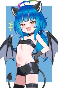 +++ 1girl :3 absurdres ahoge animal_ears bike_shorts black_choker black_gloves black_shorts black_tail black_thighhighs black_tube_top black_wings blue_background blue_hair blush border brown_eyes choker chromashift commentary commission demon_tail demon_wings english_commentary fang fingerless_gloves flat_chest gloves halo heart heart_ahoge highres loli long_hair looking_at_viewer low_twintails multicolored_halo navel open_mouth outside_border pixiv_commission poko_rakun raccoon_ears raccoon_girl rainbow_halo short_shorts shorts simple_background solo strapless tail thighhighs tube_top twintails v-shaped_eyebrows virtual_youtuber white_border wings zing_(z_z_zing)
