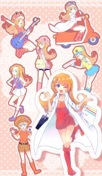Rule 34 | 1girl, bag, bike shorts, blue eyes, boots, camera, cheerleader, coat, delivery, dress, electric guitar, food, guitar, hat, helmet, highres, instrument, jumping, long hair, mona (warioware), motor vehicle, multiple persona, multiple views, nintendo, one eye closed, orange hair, pizza, pizza delivery, scooter, shoes, shopping bag, skirt, stocks, tendon (artist), warioware, wink