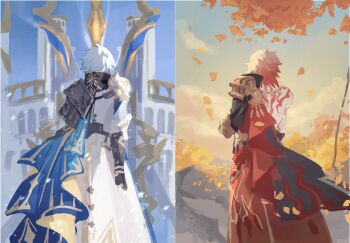 2boys absurdres antenna_hair arm_tattoo armlet armor back_tattoo black_coat black_shirt blonde_hair blue_cape blue_sky braid cape chinese_commentary clawed_gauntlets coat collage commentary_request earrings facial_tattoo falling_leaves from_behind gold_earrings gold_necklace gradient_hair highres honkai:_star_rail honkai_(series) jewelry leaf male_focus medium_hair multicolored_hair multiple_boys mydei_(honkai:_star_rail) necklace open_clothes open_coat outdoors parted_bangs pauldrons phainon_(honkai:_star_rail) red_cape red_hair red_tattoo shirt shizi_ji_jiu_jijiu short_hair shoulder_armor side_braid side_cape single_pauldron sky sun_print tattoo white_coat white_hair