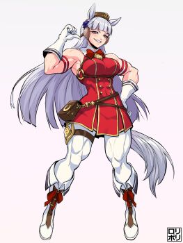 1girl absurdres alternate_muscle_size animal_ears arm_up blunt_bangs boots bow breasts brown_hat dress ear_bow full_body gold_ship_(red_strife)_(umamusume) gold_ship_(umamusume) grey_hair grin hand_on_own_hip hat highres horse_ears horse_girl horse_tail jamrolypoly large_breasts leg_warmers long_hair looking_at_viewer muscular muscular_female pillbox_hat pointing pointing_at_self purple_eyes red_dress sleeveless sleeveless_dress smile solo standing tail thick_thighs thighs umamusume white_boots white_leg_warmers