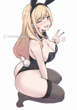 1girl absurdres animal_ear_hairband animal_ears ass between_legs black_bow black_bowtie black_hairband black_leotard black_nails black_shoes black_suit black_thighhighs blonde_hair blush bow bowtie breasts chascoby cleavage collar colored_tips commentary cosplay detached_collar ear_piercing earrings fake_animal_ears fake_tail fingernails formal_clothes from_side full_body hairband hand_between_own_legs hand_up high_heels highleg highleg_leotard highres hoop_earrings izayoi_arisa izayoi_arisa_(cosplay) jewelry kitagawa_marin large_breasts leotard long_fingernails long_hair long_sleeves looking_at_viewer multicolored_hair nail_polish open_mouth patreon_username piercing pink_eyes playboy_bunny rabbit_ear_hairband rabbit_ears rabbit_tail shoes signature simple_background smile solo sono_bisque_doll_wa_koi_wo_suru squatting suit tail thighhighs thighs traditional_bowtie v very_long_fingernails white_background white_collar