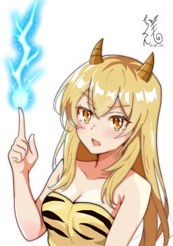 1girl absurdres animal_print bare_shoulders bikini blonde_hair breasts cleavage commentary_request cone_horns cosplay electricity fang highres horns index_finger_raised large_breasts long_hair looking_at_viewer lum lum_(cosplay) oni open_mouth print_bikini shokuhou_misaki signature small_horns solo sparkling_eyes strapless strapless_bikini swimsuit takuya51 tiger_print toaru_kagaku_no_mental_out toaru_kagaku_no_railgun toaru_majutsu_no_index upper_body urusei_yatsura white_background yellow_bikini yellow_eyes