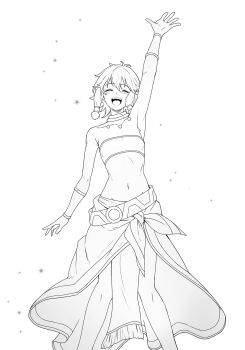 Rule 34 | 1girl, :d, arm up, armpits, bandeau, bare shoulders, blush, bracer, closed eyes, danmachi eiyuutan argonaut, dungeon ni deai wo motomeru no wa machigatteiru darou ka, flat chest, greyscale, hair between eyes, happy, highres, kakage, monochrome, navel, novel illustration, official art, open mouth, sarong, short hair, sidelocks, smile, solo, standing, stomach, third-party source, tiona hyryute, white background