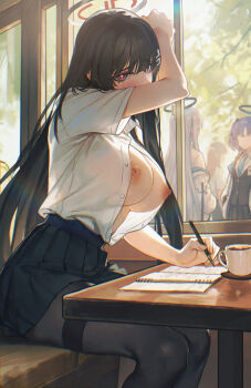 4girls absurdres black_hair black_halo black_pantyhose black_skirt blue_archive blush booth_seating breasts halo highres huge_breasts indoors kryp132 long_hair looking_at_viewer multicolored_halo multiple_girls nipples noa_(blue_archive) open_clothes open_shirt pantyhose pleated_skirt public_indecency public_nudity red_eyes red_halo rio_(blue_archive) shirt shirt_tucked_in skirt two-tone_halo white_shirt window yuuka_(blue_archive)