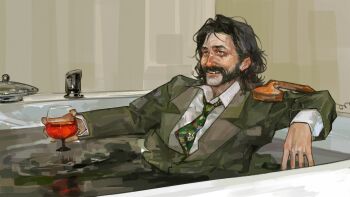 1boy :d aegyo_sal beard black_eyes black_hair black_jacket clothed_bath collared_shirt corded_phone cup cupping_glass disco_elysium drinking_glass drunk facial_hair grin harry_du_bois hashtag-only_commentary highres holding holding_cup jacket kozmoraven1610 looking_to_the_side male_focus mullet necktie open_mouth partially_submerged phone shirt short_hair sideburns smile solo upper_body white_shirt wine_glass