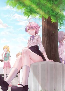 Rule 34 | 4girls, ahoge, aqua sweater, black shorts, blonde hair, blue sky, bow, bowtie, brown hair, chinese commentary, cloud, cloudy sky, collared shirt, commentary request, faceless, faceless female, frilled shirt, frills, highres, honkai (series), honkai gakuen, multicolored hair, multiple girls, open mouth, outdoors, pink hair, pink serafuku, pink skirt, purple bow, purple bowtie, purple eyes, purple hair, school uniform, serafuku, shirt, short hair, shorts, sin mal, sin mal0909, sitting, skirt, sky, solo focus, standing, sweater, thighhighs, tree, two-tone hair, white shirt, white thighhighs, yellow eyes