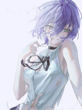 1girl absurdres black_choker black_ribbon blood blood_on_face breasts chainsaw_man choker commentary dress_shirt green_eyes grenade_pin highres jinj0121 looking_at_viewer medium_breasts neck_ribbon purple_hair reze_(chainsaw_man) ribbon shirt short_hair sleeveless sleeveless_shirt solo torn_clothes upper_body white_shirt