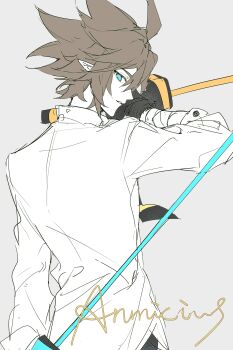 Rule 34 | 1boy, absurdres, ahoge, anmicius, aotu world, aqua eyes, arosn, bishounen, black gloves, brown hair, character name, chinese commentary, collared shirt, dual wielding, english text, from behind, gloves, grey background, hair between eyes, highres, holding, holding sword, holding weapon, long sleeves, looking at viewer, looking back, male focus, parted lips, pointy ears, profile, shirt, short hair, simple background, sketch, smile, solo, spiked hair, sword, weapon, white shirt