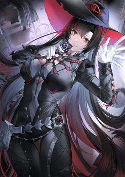 1girl absurdres belt_pouch black_bodysuit black_hair black_hat bodysuit breasts card cleavage_cutout clothing_cutout commentary_request cowboy_shot curtained_hair gloves grey_eyes hair_between_eyes hand_up hat highres holding holding_card large_breasts lilith:_daemonissa_(pgr) lilith_(pgr) long_hair looking_at_viewer mark_under_eye multicolored_hair nekotori_(nekotori221) official_alternate_costume open_mouth pouch puffy_sleeves punishing:_gray_raven red_hair sleeve_cuffs smile solo streaked_hair two-tone_hair two-tone_hat very_long_hair white_gloves witch