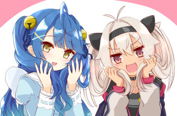 2girls amamiya_kokoro amamiya_kokoro_(1st_costume) black_choker black_jacket black_shirt blue_dress blue_hair choker commentary_request dark-skinned_female dark_skin dress fangs grey_hair jacket long_hair looking_at_viewer matsukai_mao matsukai_mao_(1st_costume) multiple_girls nijisanji open_mouth purple_eyes shirt smile two_side_up virtual_youtuber yellow_eyes yotuba_mokoh_(benzenex)