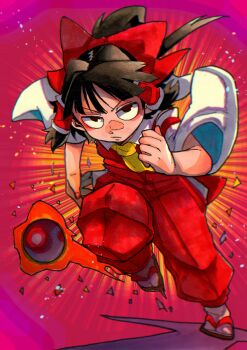 1girl ascot black_hair bow brown_eyes detached_sleeves floating_hair hair_bow hair_tubes hakama hakama_pants hakurei_reimu high_ponytail highres inuyama_konan japanese_clothes knee_up medium_hair motion_lines orb pants pink_background ponytail red_bow red_hakama red_shirt running sandals shirt sleeveless sleeveless_shirt tabi touhou v-shaped_eyebrows yellow_ascot yin_yang yin_yang_orb zouri