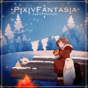 Rule 34 | 1girl, bird, black gloves, boots, brown boots, brown hair, campfire, coat, creature, earrings, eating, fire, gloves, highres, jewelry, long sleeves, outdoors, pixiv fantasia, pixiv fantasia age of starlight, red coat, shafika (pixiv fantasia age of starlight), sitting, snowing, stud earrings, winter, yahata hato