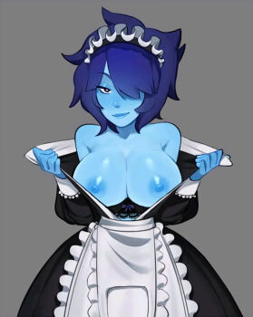 1girl artist_request bare_shoulders blue_hair blue_lips blue_skin breasts colored_skin highres lapis_lazuli_(steven_universe) large_breasts maid nipples open_clothes open_shirt smokyholes source_request steven_universe