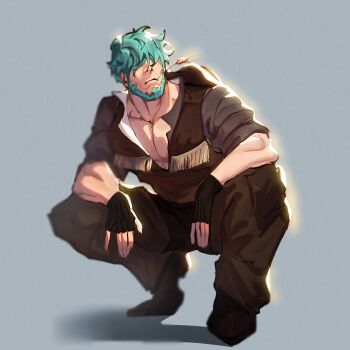 1boy alternate_costume beard commentary commission english_commentary facial_hair fingerless_gloves fire_emblem fire_emblem:_the_blazing_blade gloves green_hair hair_over_eyes highres lowen_(fire_emblem) male_focus mouth_hold nintendo pectoral_cleavage pectorals short_hair solo squatting stalk_in_mouth via_(vi4rmo)