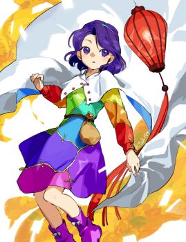 1girl belt belt_pouch boots bow cape commentary dress expressionless footwear_bow hairband highres kaigen_1025 lantern long_sleeves multicolored_dress multicolored_hairband paper_lantern parted_lips patchwork_clothes pouch purple_boots purple_eyes purple_hair rainbow_hairband short_hair solo tenkyuu_chimata touhou twitter_username two-sided_cape two-sided_fabric white_bow white_cape