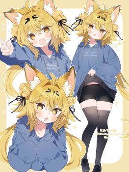 1girl :d :o :p ahoge animal_ear_fluff animal_ears bell bike_shorts black_ribbon black_shoes black_thighhighs blonde_hair blue_hoodie blush border borrowed_character closed_mouth clothes_writing commentary commission double-parted_bangs drawstring fang fox_ears fox_girl full_body hair_bell hair_between_eyes hair_intakes hair_ornament hair_ribbon highres hood hood_down hoodie lifting_own_clothes long_hair long_sleeves looking_at_viewer multiple_views napenasupe open_mouth outline outside_border ribbon shoes simple_background skeb_commission sleeves_past_fingers sleeves_past_wrists smile standing thighhighs tongue tongue_out two_side_up v vrchat white_background white_outline yellow_border yellow_eyes