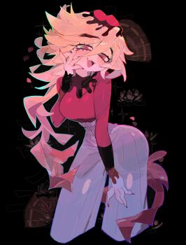 1girl black_background blonde_hair breasts commentary cropped_legs double-parted_bangs douma_(kimetsu_no_yaiba) genderswap genderswap_(mtf) grey_pants hair_between_eyes hand_on_own_cheek hand_on_own_face highres kimetsu_no_yaiba large_breasts leaning_forward long_hair long_sleeves looking_at_viewer multicolored_eyes open_mouth pants pink_eyes red_shirt shirt smile solo text_in_eyes usa37107692