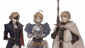 Rule 34 | 3girls, ahoge, armor, armor under clothes, artoria pendragon (fate), ascot, blindfold mask, blonde hair, blue eyes, braid, cloak, crossover, crown braid, duchess (elden ring), elden ring, elden ring: shadow of the erdtree, elden ring nightreign, fate (series), gauntlets, highres, hip armor, holding, holding sword, holding weapon, juliet sleeves, long sleeves, mask, multiple crossover, multiple girls, needle knight leda, ornate, ornate armor, ornate clothes, planted, planted sword, planted weapon, puffy sleeves, saber (fate), short hair, sidelocks, sword, trait connection, upper body, weapon, white ascot, white background, zhenli0121