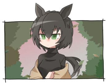 1girl animal_ears beer_hsk black_hair black_shirt braid breasts closed_mouth commentary_request crown_braid green_eyes hair_between_eyes horse_ears kin'iro_ryotei_(umamusume) long_hair low_ponytail medium_breasts ponytail shirt solo umamusume upper_body very_long_hair