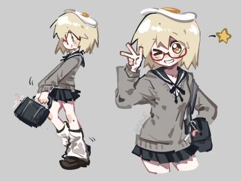 1girl axue0w0 bag black_sailor_collar black_shoes blonde_hair blush briefcase food food_on_head fried_egg grey_background grin highres holding holding_briefcase loose_socks object_on_head one_eye_closed orange_eyes pleated_skirt red-framed_eyewear sailor_collar school_briefcase school_uniform shimeji_simulation shoes short_hair shoulder_bag sketch skirt smile socks sweater twitter_username v wink_star yamashita_majime
