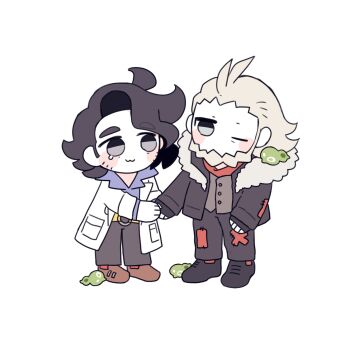 2boys :3 beard belt black_eyes black_hair black_jacket blue_shirt blush_stickers brown_shoes closed_mouth coat collared_shirt facial_hair full_body fur-trimmed_hood fur_trim gen_6_pokemon gohan_(horth-waribasi) grey_hair grey_pants grey_vest hair_slicked_back highres holding_hands hood hood_down hooded_jacket jacket layered_sleeves legendary_pokemon lysandre_(pokemon) multiple_boys nintendo o-ring on_shoulder one_eye_closed open_collar pants patchwork_clothes pokemon pokemon_(creature) pokemon_legends:_z-a pokemon_on_shoulder pokemon_xy professor_sycamore shirt shoes simple_background standing vest wavy_hair white_background white_coat yellow_belt zygarde zygarde_cell