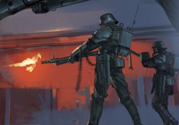 2others akai_megane ambiguous_gender ammunition ammunition_pouch black_footwear black_gloves black_headwear black_jacket black_pants boots casing_ejection character_request check_copyright combat_helmet copyright_request firing gas_mask gloves gun helmet hjl jacket jin_roh kerberos_saga mask mg_34 multiple_others pants pouch rifle_cartridge shell_casing weapon