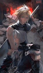 Rule 34 | 2boys, adapted costume, armor, arms around neck, belt, black belt, black coat, black gloves, black pants, black sweater, blonde hair, blood, blood in hair, blood on clothes, blood on face, blue eyes, buster sword, chest strap, cloud strife, coat, crop top, embers, final fantasy, final fantasy vii, final fantasy vii remake, fire, gloves, green eyes, grey hair, hashtag-only commentary, high collar, highres, light smile, long bangs, long hair, long sleeves, looking at viewer, male focus, multiple belts, multiple boys, night, outdoors, pants, parted bangs, parted lips, pauldrons, rubble, sephiroth, shinian, short hair, shoulder armor, single pauldron, sitting, sleeveless, sleeveless turtleneck, spiked hair, suspenders, sweater, sword, turtleneck, turtleneck sweater, upper body, weapon, weapon on back
