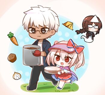 1boy 2girls archer_(fate) archer_(summer_casual)_(fate) blonde_hair braid cape carrot commentary cooking_pot dark-skinned_male dark_skin fate/grand_order fate_(series) ghost glasses grey_eyes hair_ornament holding holding_cooking_pot holding_plate illyasviel_von_einzbern illyasviel_von_einzbern_(swimsuit_archer) illyasviel_von_einzbern_(swimsuit_archer)_(second_ascension) miniskirt multiple_girls onion opaque_glasses oven_mitts pink_cape plate purple_cape rabi_(swordofthestone) red_eyes single_braid skirt tent triangle_hair_ornament twintails visor_cap white_hair yu_mei-ren_(fate) yu_mei-ren_(first_ascension)_(fate)