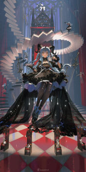 5girls absurdres animalization arknights artist_name asymmetrical_gloves ave_mujica_(bang_dream!) bang_dream! bang_dream!_it&#039;s_mygo!!!!! black_dress black_gloves black_horns black_pantyhose black_ribbon black_shoes blue_hair checkered_floor cup curled_horns curtains dress fingerless_gloves floating_stairs frilled_dress frills full_body gloves hair_ribbon haneoka_school_uniform highres holding holding_cup holding_saucer horns indoors long_hair looking_at_viewer mismatched_gloves misumi_uika misumi_uika_(caged_singer) multiple_girls multiple_persona oblivionis_(bang_dream!) pantyhose parted_lips puppet rapier ribbon saucer school_uniform shoes sidelocks sitting spiral_staircase stairs sword teacup throne togawa_sakiko togawa_sakiko_(master_of_melodia) toto_(caaaaarrot) tsukinomori_school_uniform two_side_up wakaba_mutsumi wakaba_mutsumi_(marionette&#039;s_id) walking weapon window wrist_cuffs yahata_umiri yahata_umiri_(moonlight_executioner) yellow_eyes yuutenji_nyamu yuutenji_nyamu_(magician_of_passion)