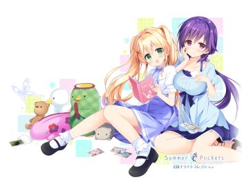 2girls :d absurdres black_footwear blonde_hair blue_dress blue_ribbon blue_skirt blush book bow breasts bug butterfly closed_mouth collarbone copyright_name cover cover_page dress eyes_visible_through_hair floating_hair foot_out_of_frame frilled_dress frilled_sleeves frills full_body green_eyes hair_between_eyes hair_bow hair_intakes hair_ornament hand_on_own_cheek hand_on_own_face hands_up happy high-waist_skirt highres holding holding_book holding_photo insect knees_together_feet_apart knees_up large_breasts long_hair looking_at_viewer low_ponytail mary_janes mizuori_shizuku multiple_girls nagayama_yuunon neck_ribbon non-web_source official_art open_book open_mouth photo_(object) ponytail puffy_short_sleeves puffy_sleeves purple_eyes purple_hair ribbon sandals shirt shoes short_dress short_sleeves sidelocks simple_background sitting skirt small_breasts smile star_(symbol) stuffed_animal stuffed_crocodile stuffed_duck stuffed_mouse stuffed_toy summer_pockets tareme teddy_bear tsumugi_wenders twintails very_long_hair white_background white_bow white_shirt x_hair_ornament yokozuwari