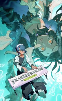 2girls air_bubble anna_(persephone)_(dislyte) artist_request black_hair blush breasts bubble cleavage dislyte game_cg hair_over_one_eye hairband highres instrument keyboard_(instrument) multiple_girls norah_(muse)_(dislyte) official_art open_mouth orange_eyes third-party_source