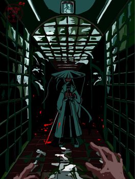 Rule 34 | 1girl, blood, bloody weapon, ceiling, commentary request, dark, emergency exit, exit sign, fate/grand order, fate (series), hakama, hallway, highres, holding, holding sword, holding weapon, ichimegasa, ima mo nao kangaechuu, imminent murder, japanese clothes, kawakami gensai (fate), kawakami gensai (third ascension) (fate), midriff, pov, pov hands, sword, tile ceiling, tile floor, tile wall, tiles, weapon