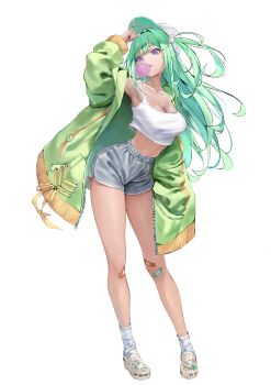 1girl absurdres arm_up armpits bandaid bandaid_on_knee bandaid_on_leg baseball_cap blowing_bubble_gum breasts camisole character_sticker chewing_gum cleavage collarbone commentary_request crocs crop_top floating_hair full_body green_eyes green_jacket grey_shorts hair_intakes hat highres jacket korean_commentary large_breasts long_hair long_sleeves looking_at_viewer midriff nonekong one_side_up open_clothes open_jacket purple_eyes shoes short_shorts shorts simple_background socks solo standing stellive sticker unzipped virtual_youtuber white_background white_camisole white_socks wispy_bangs yellow_shoes yuzuha_riko